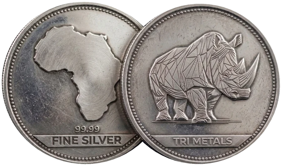 1 oz fine silver coin by TRI METALS, both faces